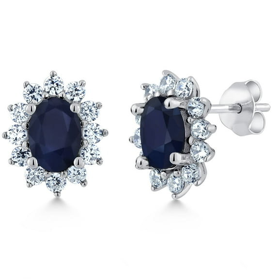 Gem Stone King 925 Sterling Silver Blue Sapphire Jewelry Halo Princess Diana Kate Middleton Post Earrings for Women (2.76 Cttw, Oval 7X5MM)