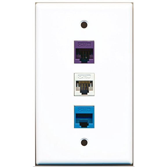 RiteAV - 1 Port Cat5e Ethernet White 1 Cat5e Ethernet Blue 1 Cat5e Ethernet Purple Wall Plate