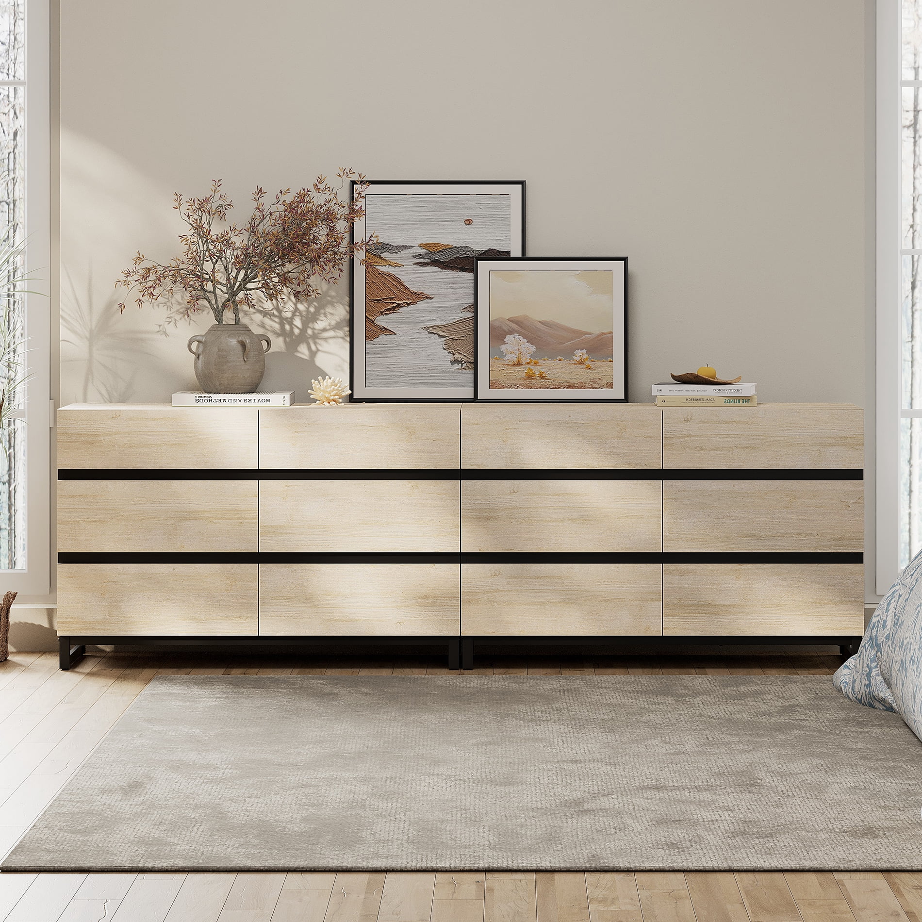 12-Drawer Wooden Dresser with Metal Base, Modern Chest of Drawers & Closet Organizer for Bedroom, Living Room, Beige
