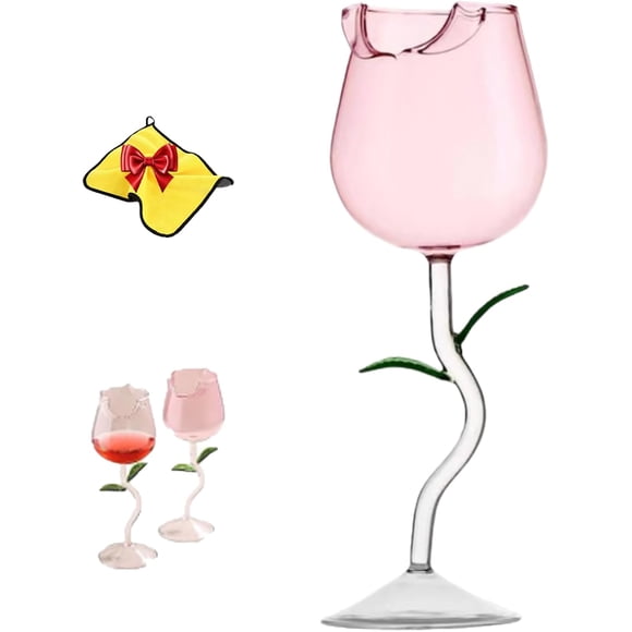 2026 New Creative Red Rose Wine Glass, Romantic Rose Shaped Wine Glasses, Flower Red Wine Glasses for Wedding Birthday Party Dinner (Pink & Green,150ml)