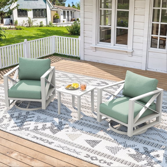 3 Piece Aluminum Patio Swivel Rocking Chair Set with Coffee Table, 5.2" Cushions, All-Weather Outdoor Furniture for Porch, Garden, Poolside, White
