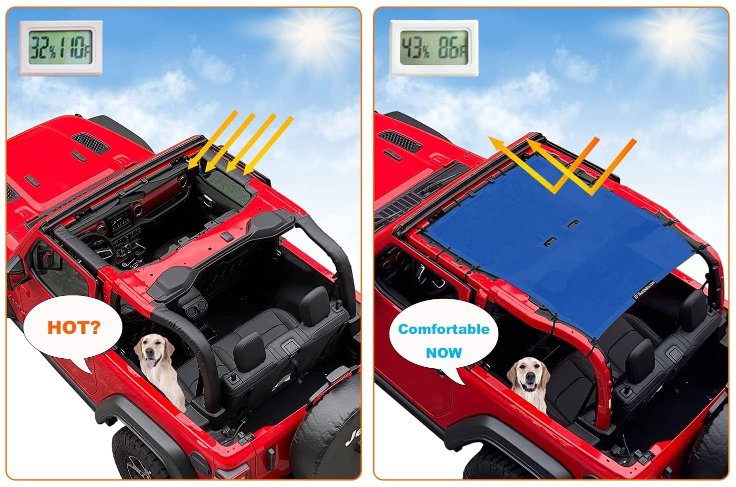 Shadeidea Jeep Wrangler Sunshade JL (2018-Current) 2 Door Sun Shade Front and Rear - Blue Mesh Screen Top Cover UV Blocker with Grab Bag - 10 Years Warranty