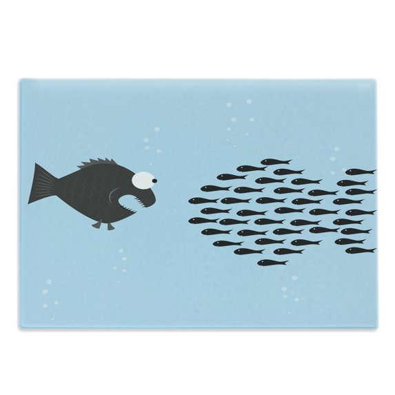 Fish Cutting Board, Little Fishes United to Fight with Big Fish Theme Aquatic Wildlife in the Ocean, Decorative Tempered Glass Cutting and Serving Board, Large Size, Blue and Black, by Ambesonne