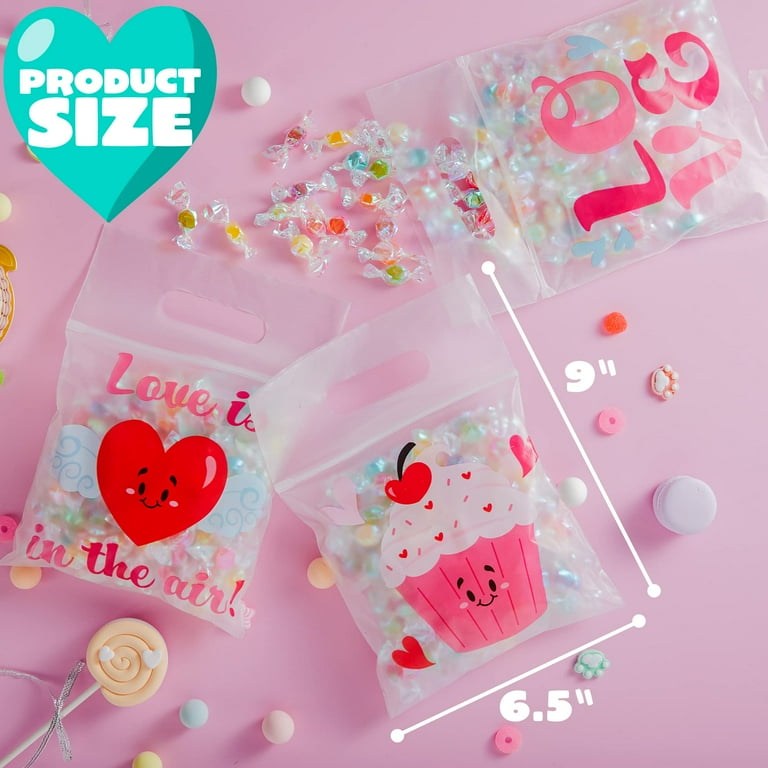Valentine Cellophane Bags 100 PCS,Plastic Candy Cookie Bags, Clear Small Treat Clear Gift Loot Bags With Twist Ties For Valentines Day Birthday Holiday Party Supplies Bakery Biscuit Chocolate Snacks