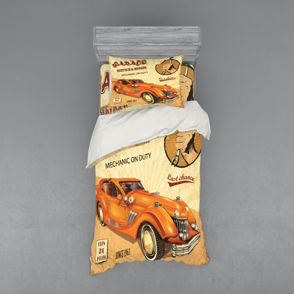 Ambesonne Retro Bedding Set 3 Pcs, Engine and Mechanic Sign, Twin XL, Orange Cream Red