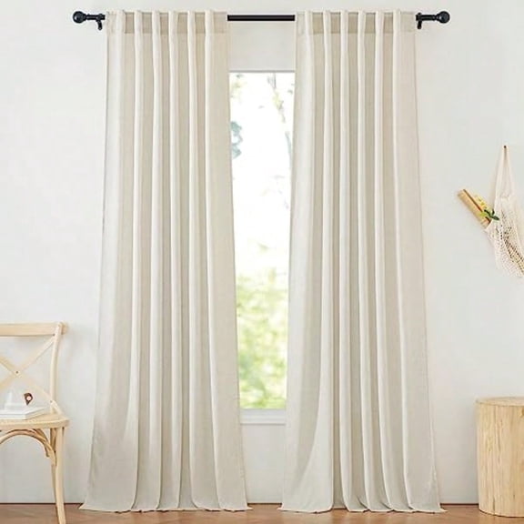 Natural Linen Curtains 144 Inch Long - 2 Panels W55xL144, Rod Pocket Back Tab, Semi Sheer Thick Flax Drapes, Light Filtering Privacy Window Treatments for Bedroom Living Room Home Decor