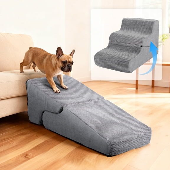 Yucurem Pet Dog Stairs for Small Dogs, 2-in-1 Transformable 3-Step Pet Stairs and Ramp with Durable Non-Slip Waterproof Cover, Gray