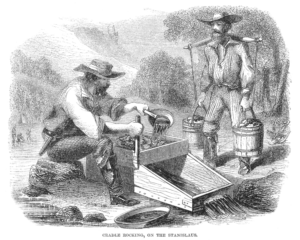 California Gold Rush 1860 Na Gold Miner Using A Cradle Rocker On The