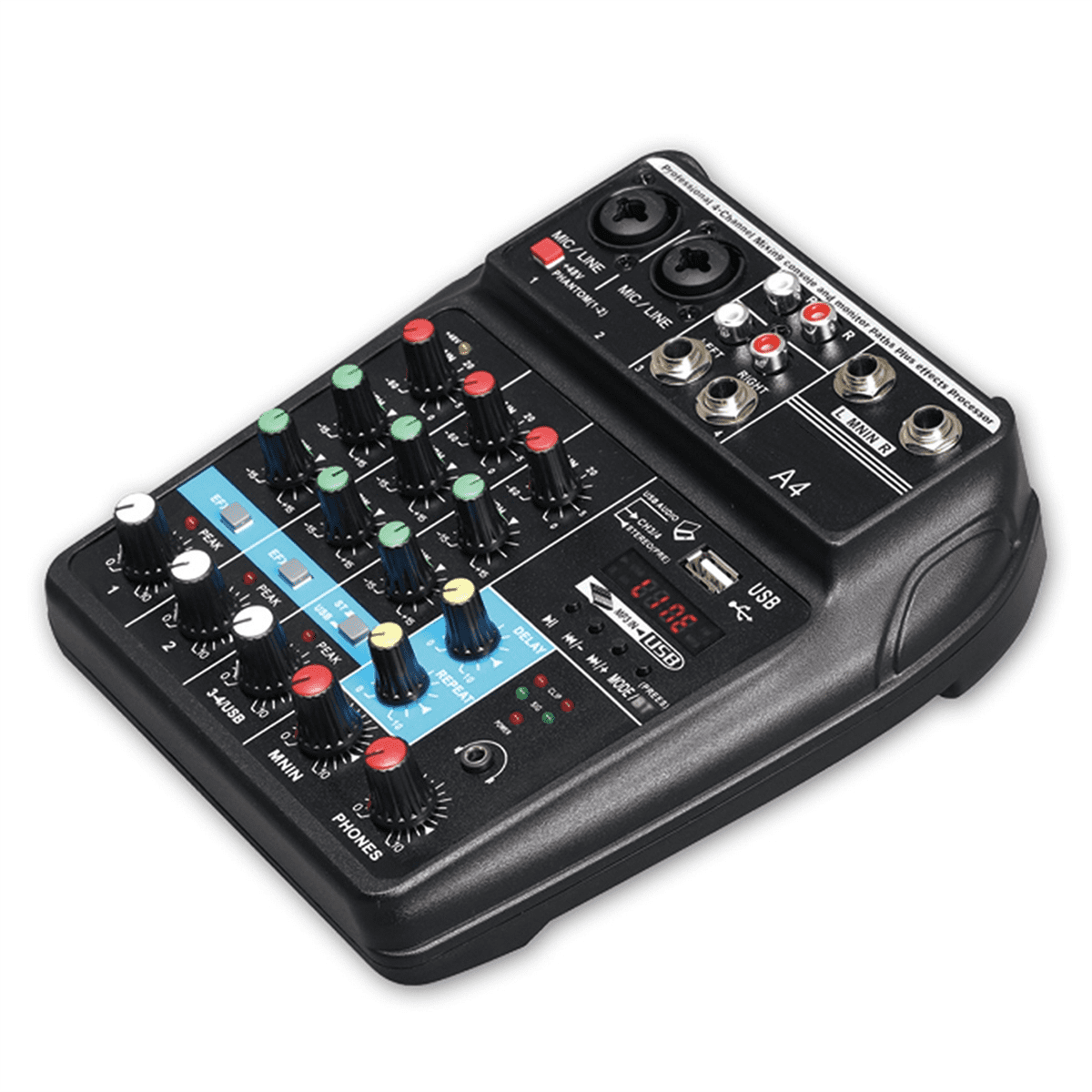 Professional 4 Channel Digital Mixer Sound Card Microphone Mobile Phone Live Broadcast Recording DJ Audio Equipment(US),1 * 4-channel mixer USB sound card with reverb,Black