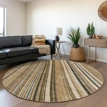 Addison Rugs Chantille Indoor/Outdoor Transitional Stripes Taupe Washable Round Rug, 8' x 8'