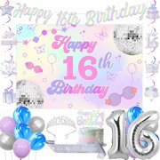 Iridescent 16th Birthday Decorations for Girls, Happy 16th Birthday Banner Backdrop Hanging Swirls Cake Topper Crown Sash Balloons for Sweet Sixteen Years Old Party Supplies