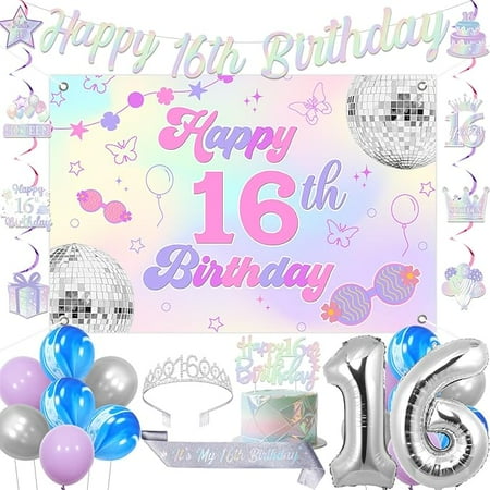 Iridescent 16th Birthday Decorations for Girls, Happy 16th Birthday Banner Backdrop Hanging Swirls Cake Topper Crown Sash Balloons for Sweet Sixteen Years Old Party Supplies