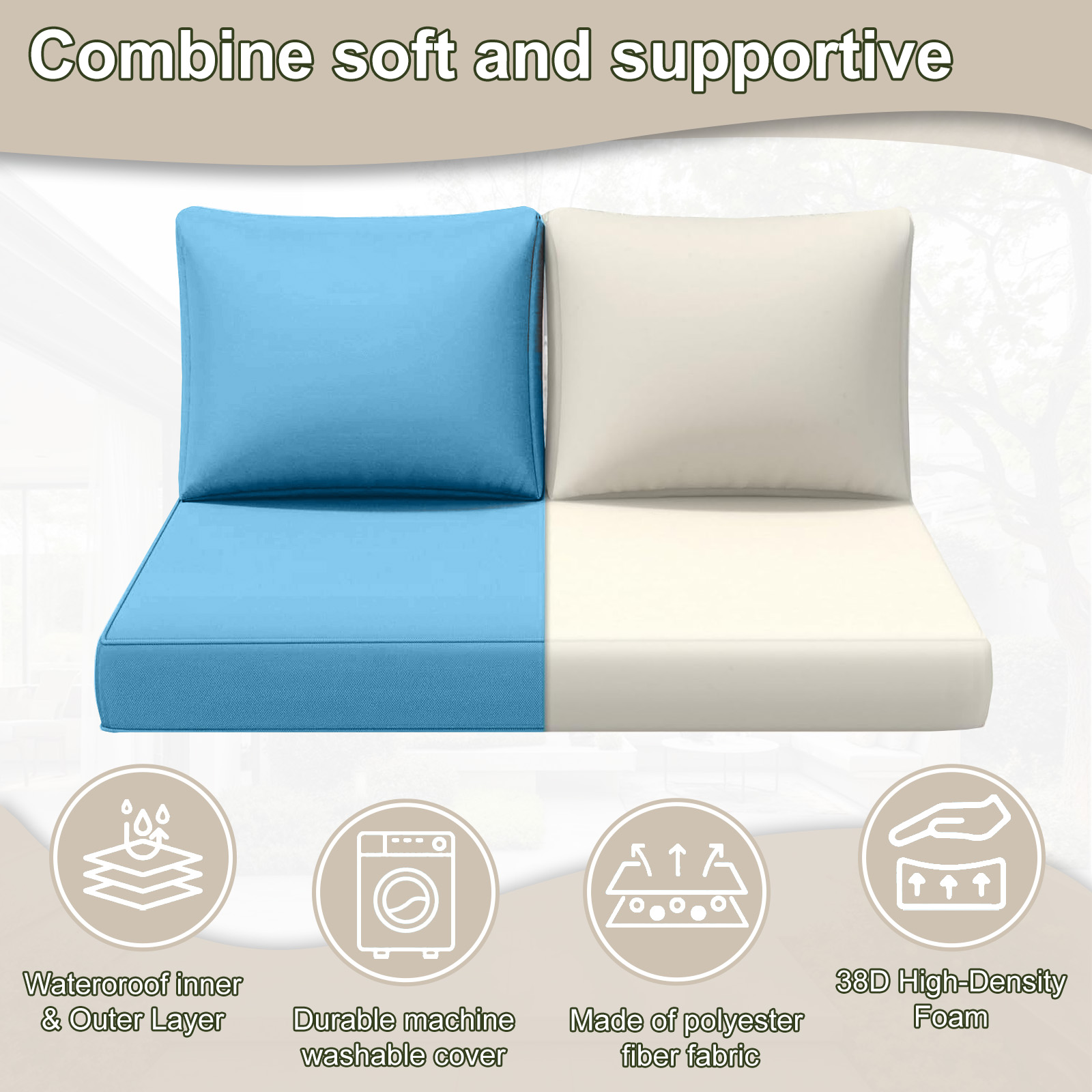Outdoor Loveseat Cushion Set, Water Repellent Patio Furniture Cushions Replacement, 48 x 24 inch