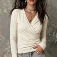 thumbnail image 2 of ZDNIXIAN Women Wrap V Neck Long Sleeve T Shirt ,Soft Stretchy Ruched Fitted Blouse, Casual Solid Color Surplice Front Slim Fit, 2 of 6