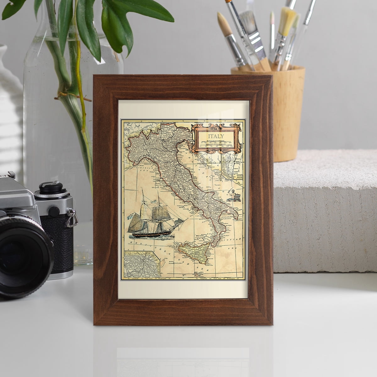 Italy Map -Framed Print w/glass-Chestnut