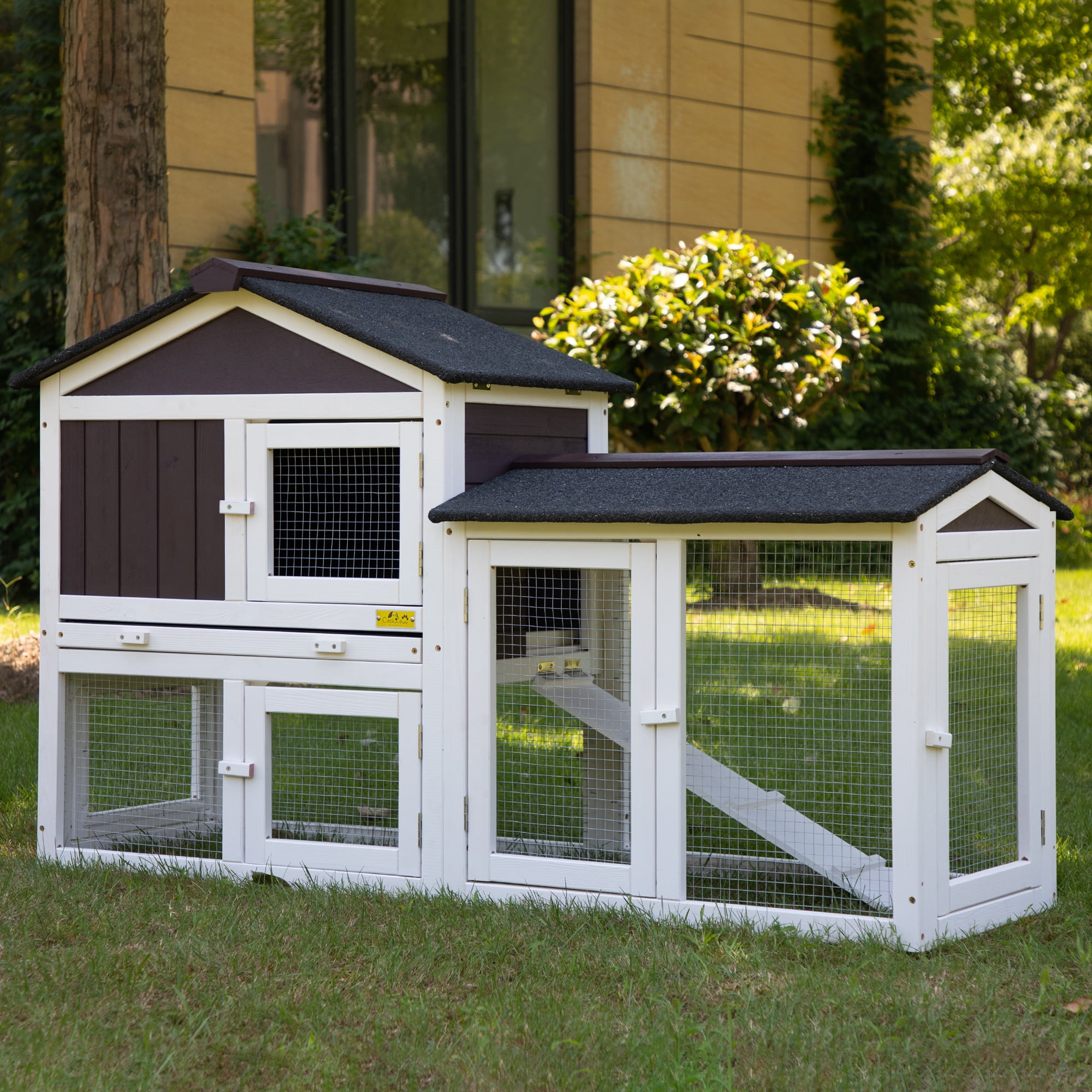 Coziwow 54" Wooden Rabbit Hutch Chicken Coop with Openable Gable Roofs