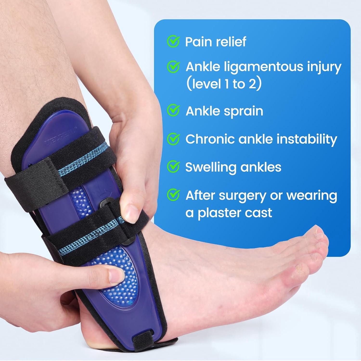 Velpeau Ankle Support Brace for Men & Women, Ankle Stabilizer, Stirrup Splint for Sprains, Tendonitis, Volleyball, Basketball, Sprained Ankle, Reversible Left & Right Foots, One Size(Foam Pad, Blue)