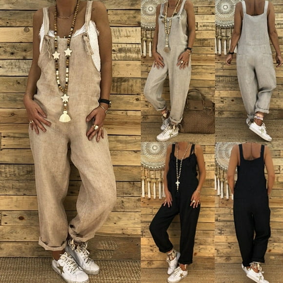 Women's Sleeveless Playsuit Romper Dungarees Overall Casual Loose Trousers Pant