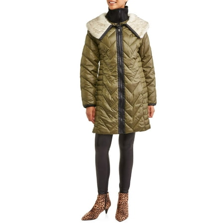- Women's Chevron Puffer Coat with Faux Fur Trim Collar