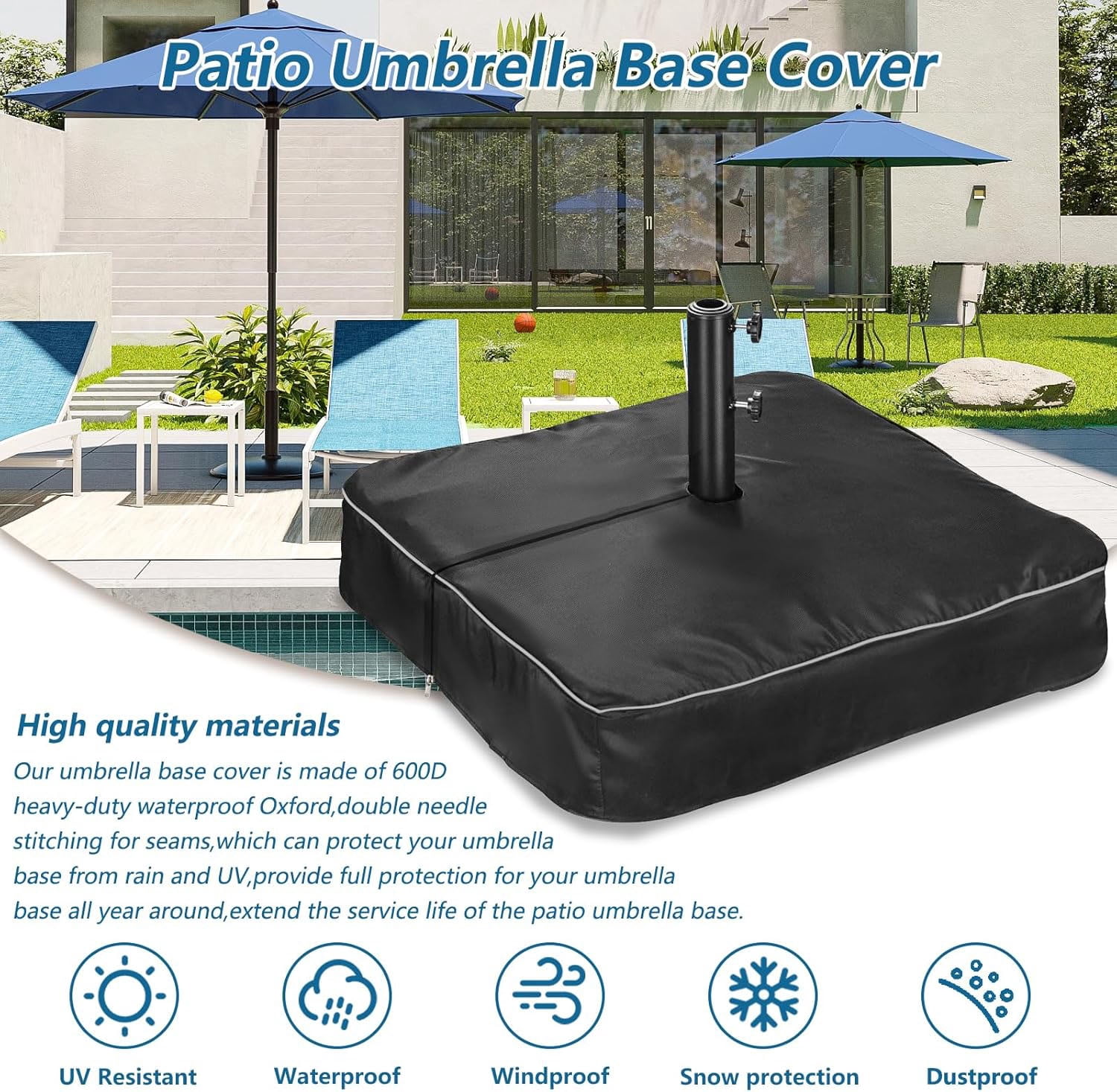 Patio Umbrella Base Cover, Heavy Duty Waterproof Anti-UV Outdoor Square Umbrella Stand Cover, Black