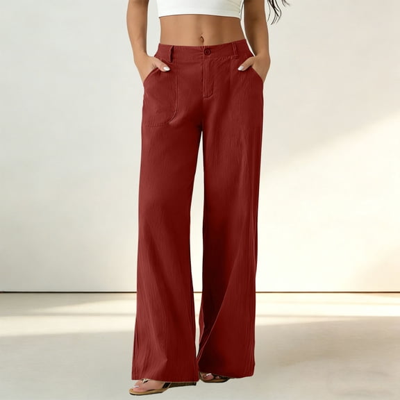 Ynynloco Womens Cotton Linen High Waisted Cropped Wide Leg Stretchy Straight Pants Trousers Button Down Business Work Sweatpants with Pockets