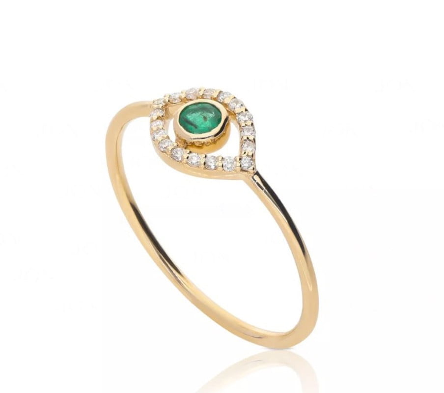 ArtpalaceByMitika Vintage Evil Eye Emerald Ring ,Moissanite Cluster Ring, 925 Sterling Silver ,14K Yellow Gold Plated for Women Engagement Rings