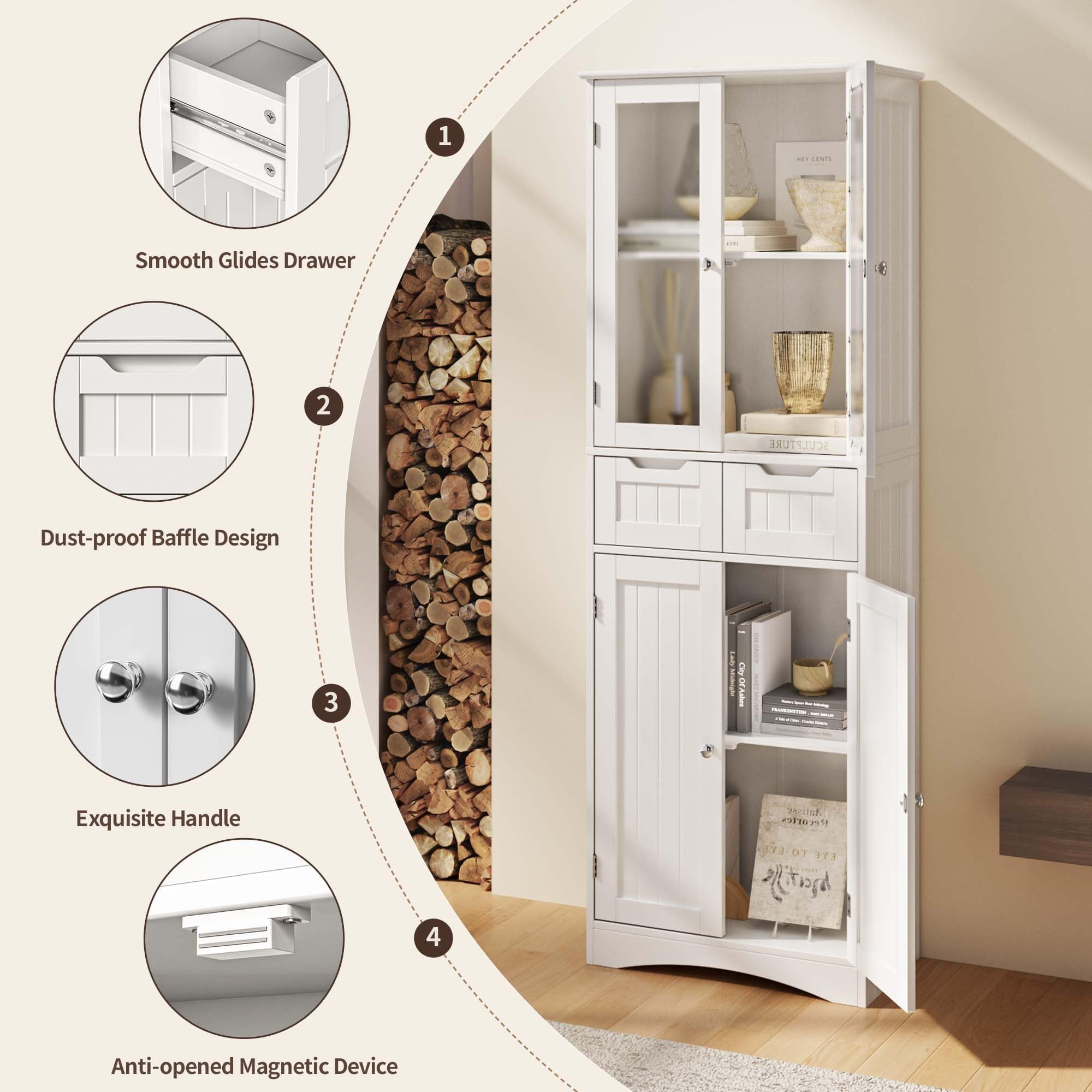 Pantry Cabinet,Lofka 67" Kitchen Pantry with Glass Door & Shelves & 2 Drawers, White