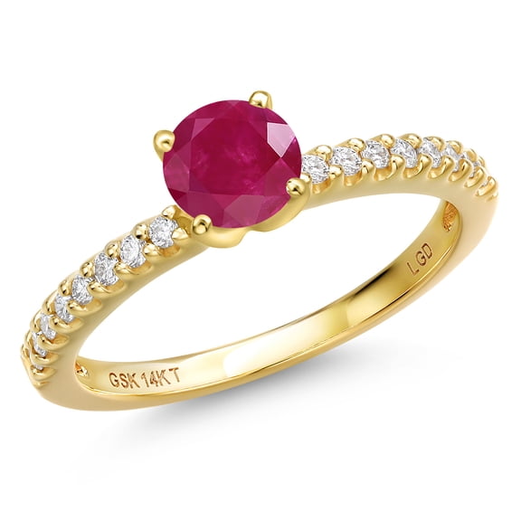 Gem Stone King 14K Yellow Gold Red Ruby and Lab Grown Diamond Engagement Ring for Women | 0.71 Cttw | Round 5MM | Gemstone July Birthstone | Size 8