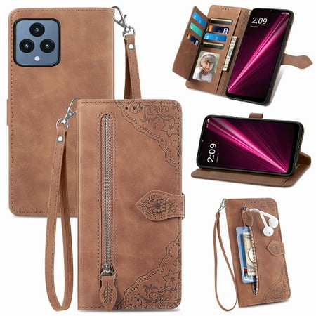 Nalacover Zipper Wallet Case for T-Mobile REVVL 6 5G/T Phone 5G with Handbag Wrist Strap, Embossed Pattern Premium PU Leather Cover with Card Slots Holder Magnetic Clasp Kickstand Case, Brown