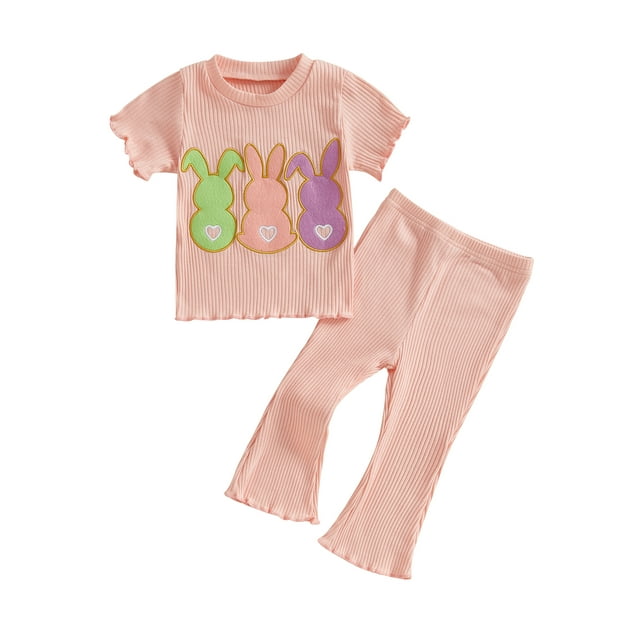 Gupgi 2Pcs Infant Toddler Girl Easter Outfit Ruffle Short Sleeve Bunny T-Shirts Flare Pants
