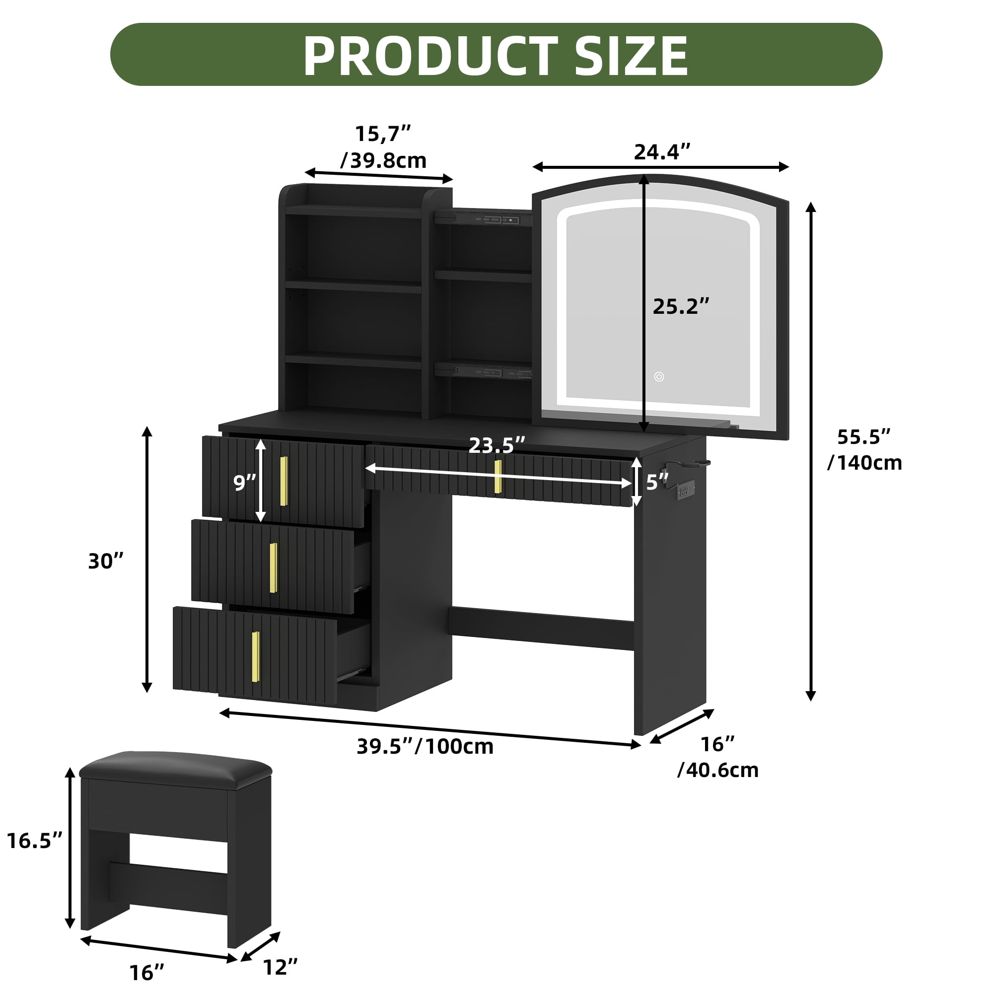 Uforic Large 55.5" Makeup Vanity with 3 Color Lights, Vanity Desk with USB Charging Station, Vanity Makeup Table with 4 Drawers, Hidden and Open Storage Shelves, Black