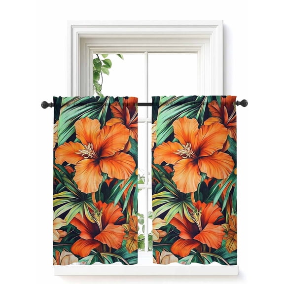 Burnt Orange Floral Curtains 54 Inch Length, Sheer Curtains for Bedroom Living Room Window Tropical Botanical Leaves Floral Rod Pocket Voile Drapes Kitchen Curtains Small Half Window 42"x54" 2 Panels