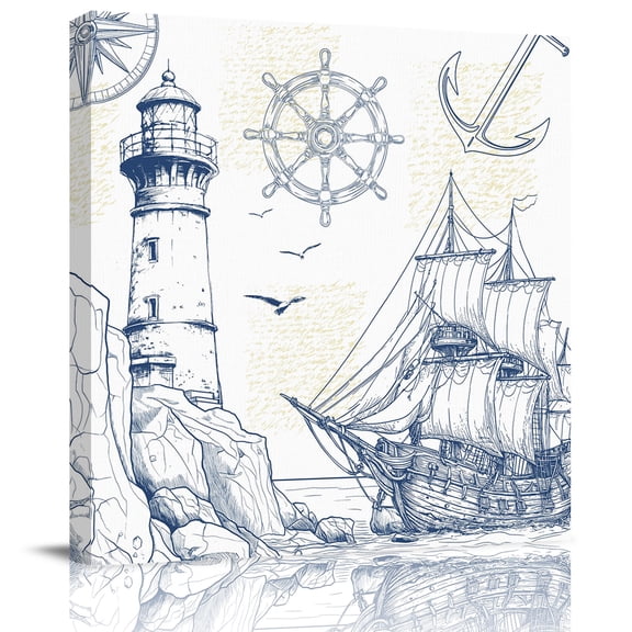 Wall Art Prints, Nautical Ship Lighthouse Framed Canvas Prints for Bedroom Living Room Bathroom Office, Ocean Anchor Rudder Lines Art Gallery Wrap Wall Art Poster for Gifts Home Decor 20"x20"
