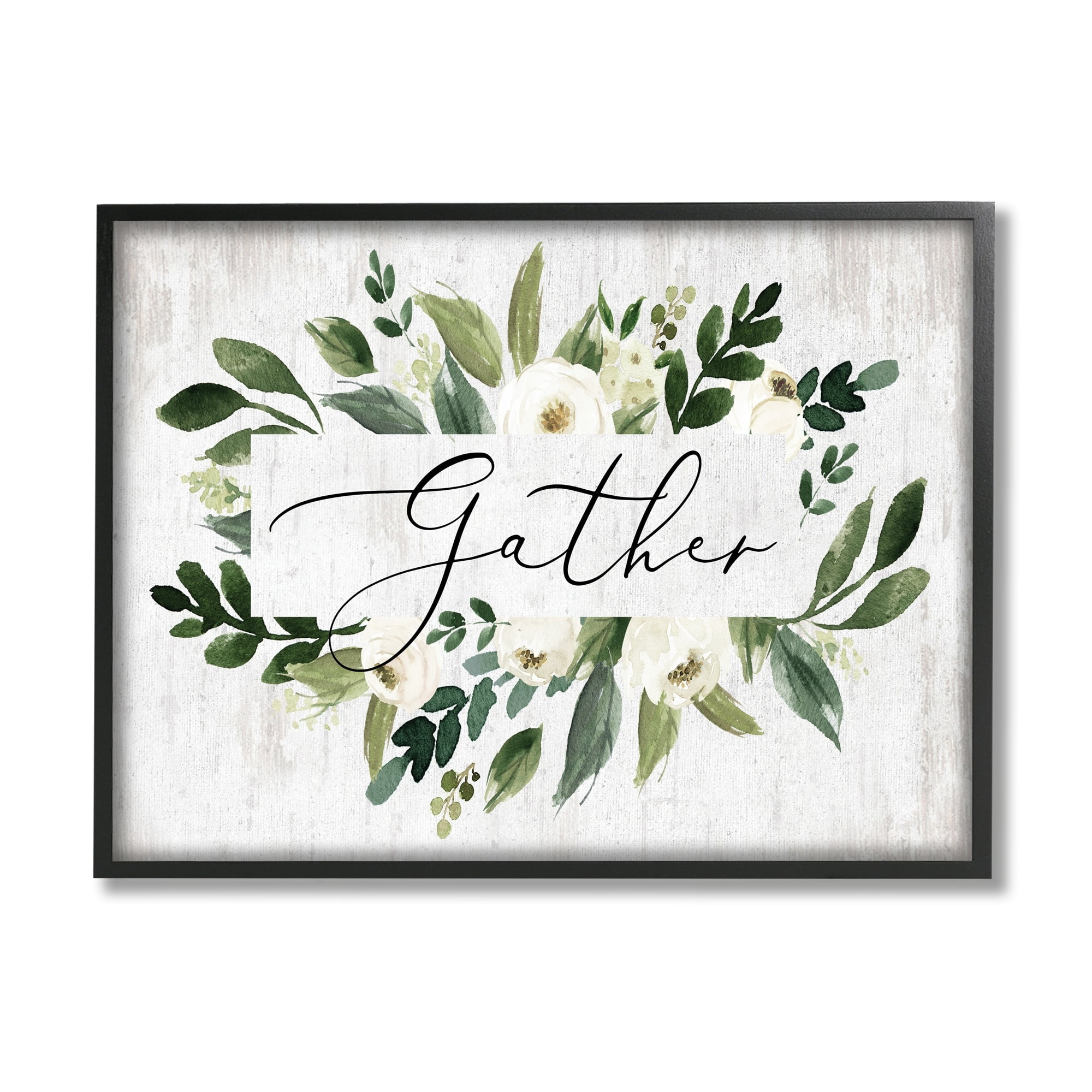 Stupell Industries Gather Text White Flower Green Botanicals Distressed Pattern, 14 x 11,Design by Lettered and Lined