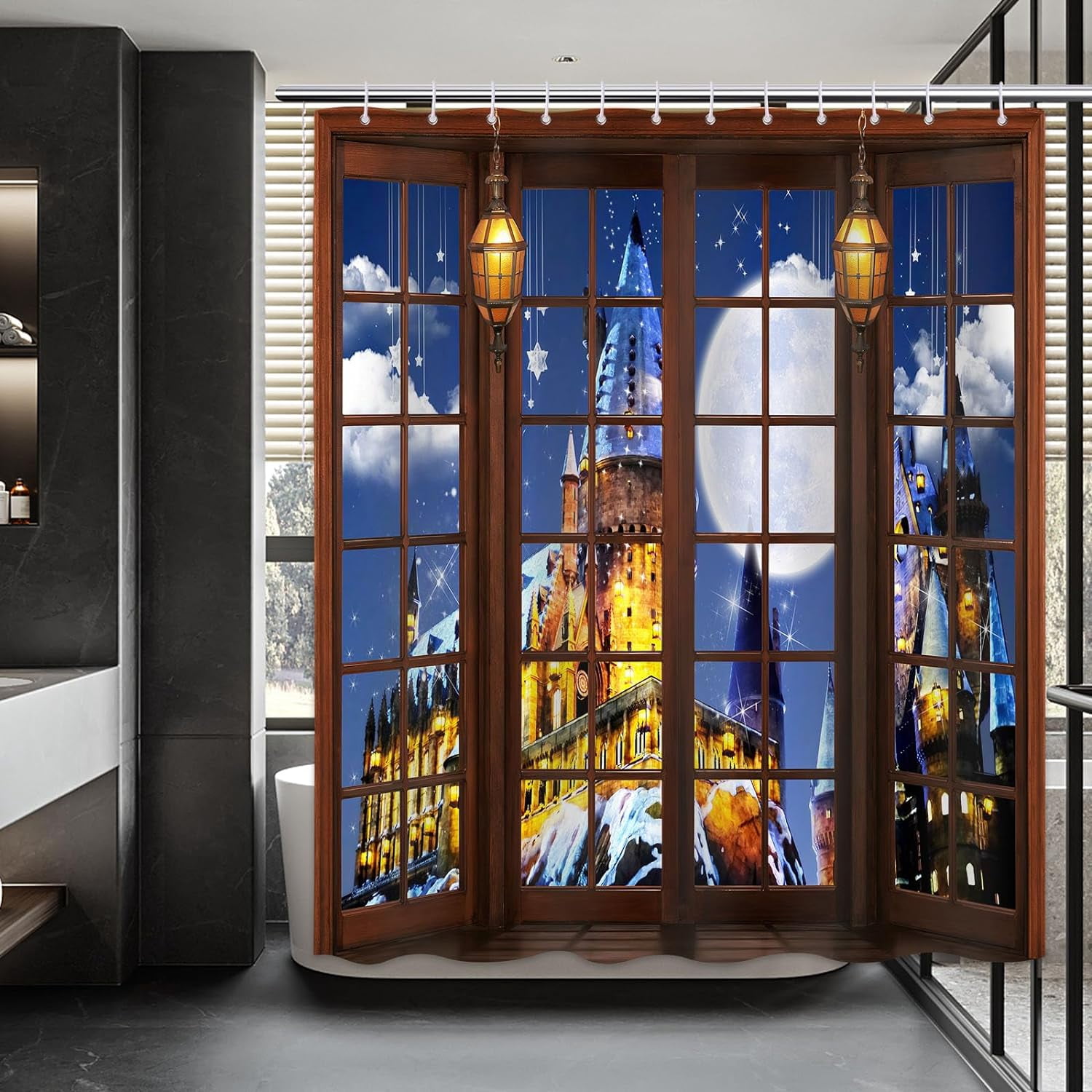Magic Castle Shower Curtain, Wizard School Window Night Sky Moon Shower Curtain Set Fairytale Castle Bathroom Decor Waterproof Fabric Bath Curtain with 12 Hooks, 72x72 inches