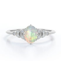 JeenMata 1.10 Carat Oval Cut White Opal And Moissanite - Milgrain Edge - 8 Prong Cathedral - Cluster Engagement Ring - 18K White Gold Plating Over Silver