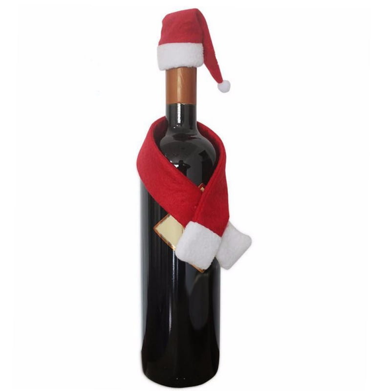 1 Set Mini Christmas Santa Cap Scarf Wine Bottle Cover Hat Party Dinner Decors 
