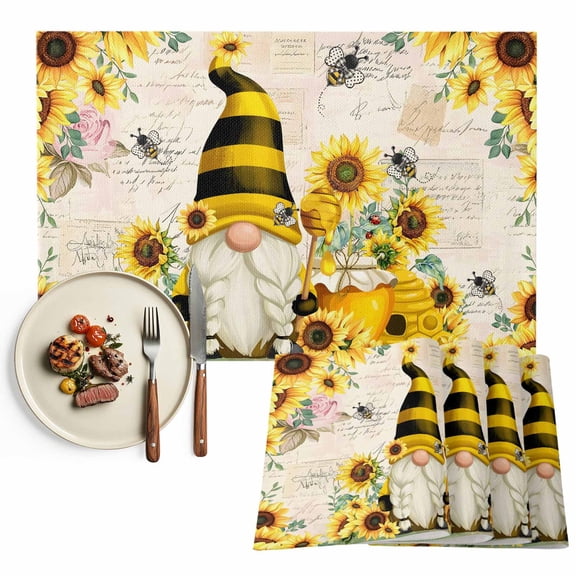 Placemats Set of 4, Gnome Honey Bee Place Mats Sunflower Vintage Tablemats Washable Placemat Table Decoration for Kitchen Table Dinner Party Home Decor Indoor Outdoor 13x19 Inch