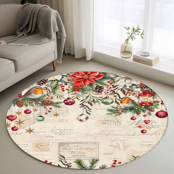 Christmas Round Area Rug 3 FT, Small Kitchen Bathroom Mat, Xams Tree Winter Poinsettia Pine Cones Red Washable Indoor Outdoor Throw Runner Carpet Non-Shedding Doormat for Table Shower Sofa Entryway
