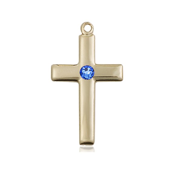 14kt Yellow Gold Cross Medal with 3mm September Blue Swarovski Crystal 7/8 x 1/2 inches