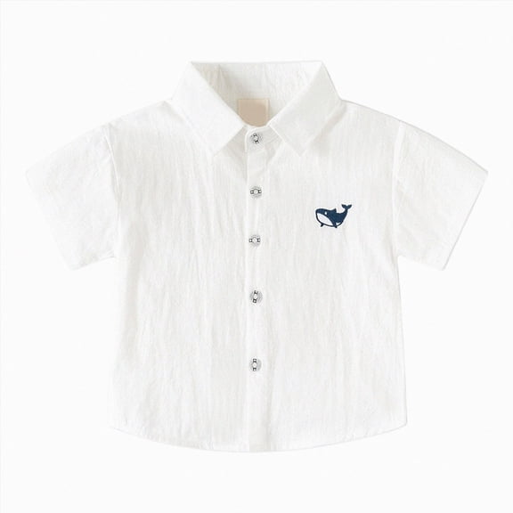 felwors Boys Striped Button Down Dress Shirts Short Sleeve Regular Fit Formal Uniform Shirt with Pocket (White,5-6 Years)