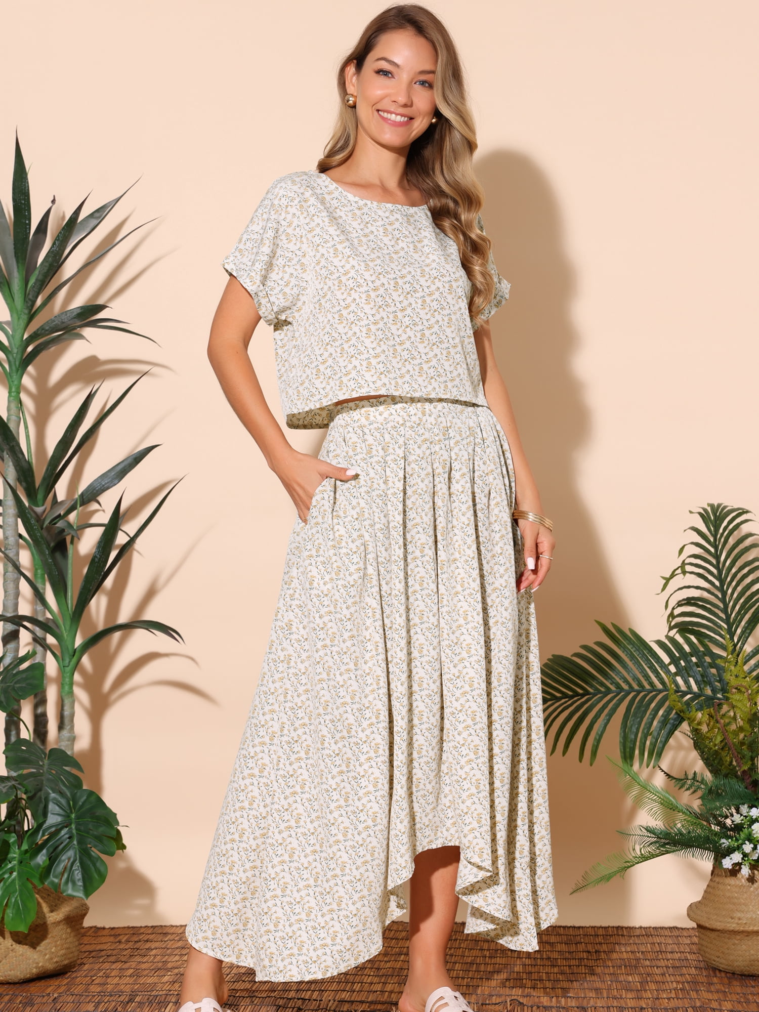 DARING DIVA Women's 2 Piece Casual Floral Dress and Maxi Skirt Set S Apricot