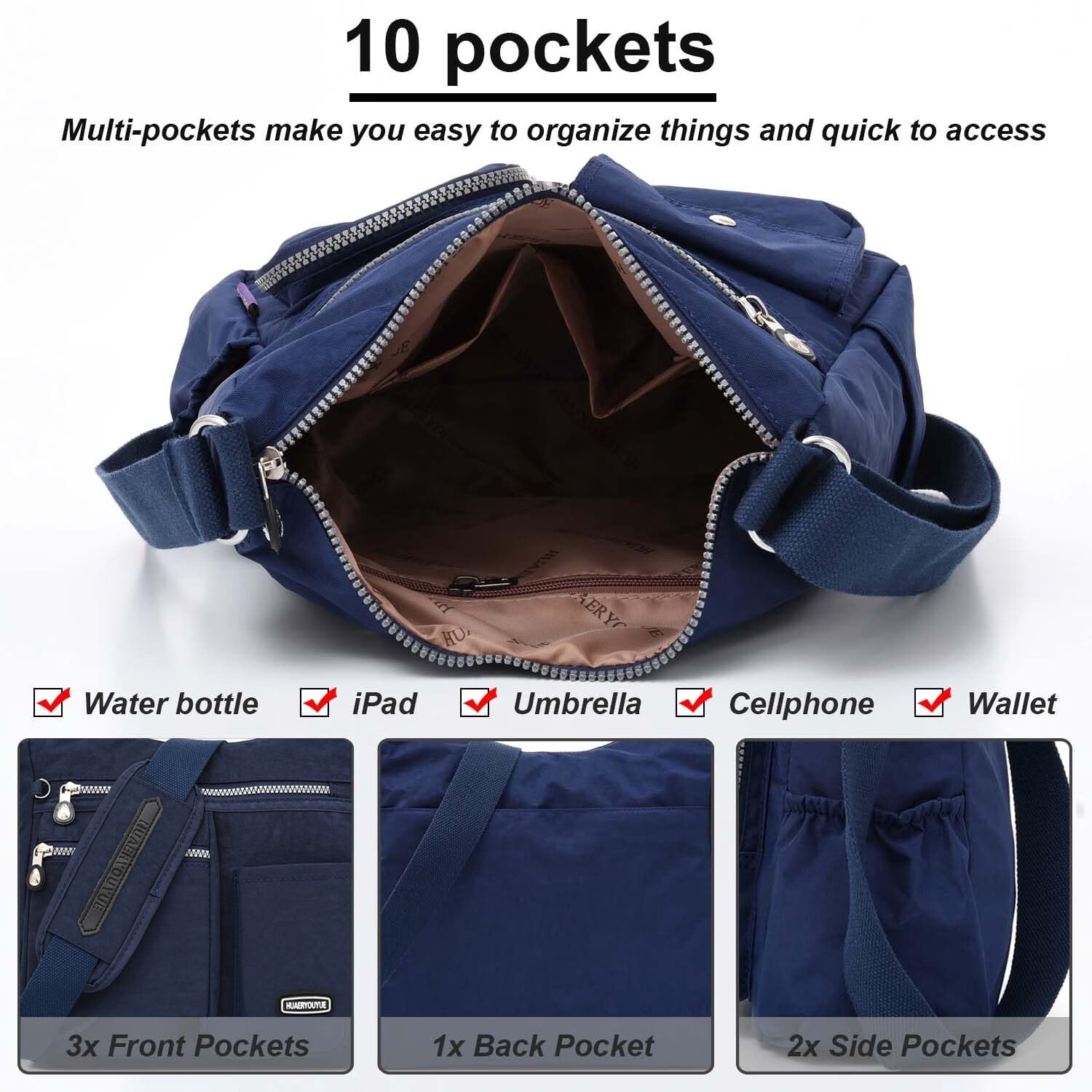 AOUNQ Crossbody Bags for Women Waterproof Hobo Purse Handbag Multi-Pocket Shoulder Bag Nylon Travel Messenger Bag,Blue
