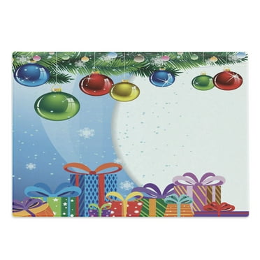 Christmas Cutting Board, Colorful Surprise Present Boxes Bowties and Vibrant Xmas Balls Fir Tree Branches, Decorative Tempered Glass Cutting and Serving Board, Large Size, Multicolor, by Ambesonne