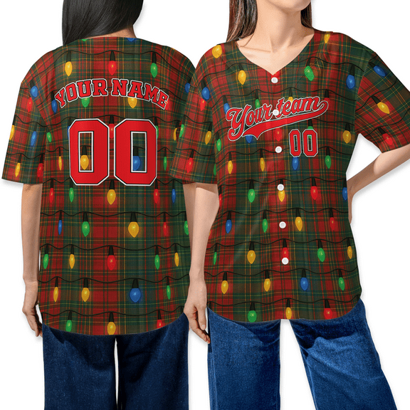 Personalized Christmas Lights Plaid Baseball Jersey – Custom Team Name & Number Shirt - Holiday Sports Gift, Merry Xmas, Festive Winter Outfit