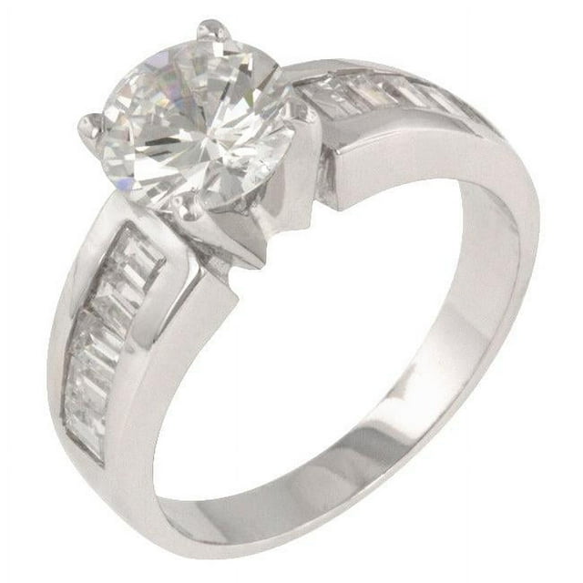 Precious Stars R06884R-C01-09 Precious Stars Silvertone Round and Baguette-Cut Cubic Zirconia Engagement Ring