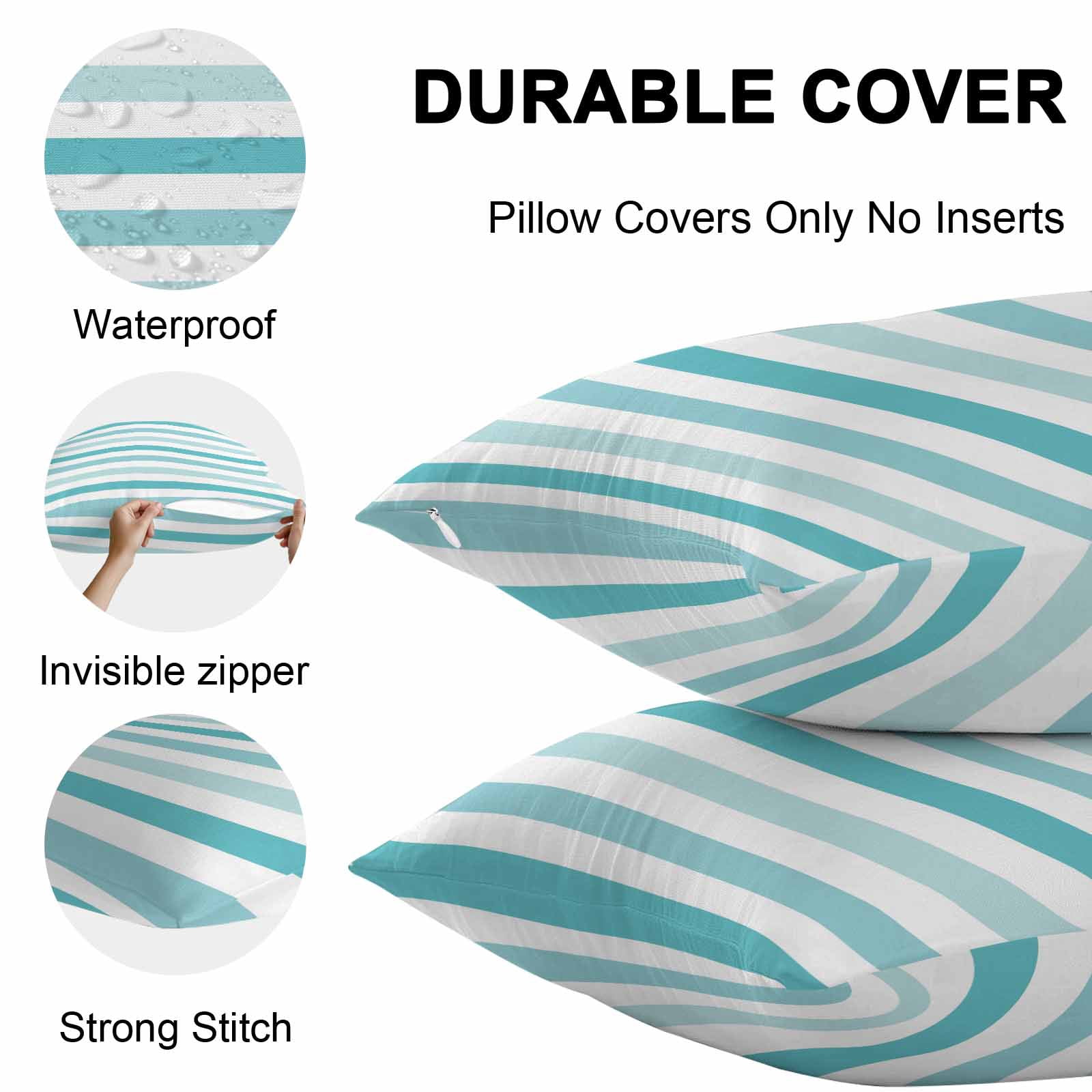 Aqua Green White Striped Outdoor Pillow Covers Set of 2 Modern Minimalist Abstract Lines Waterproof Throw Pillow Case Decorative Square Cushion Cover for Patio Couch Garden Balcony, 24"x24"