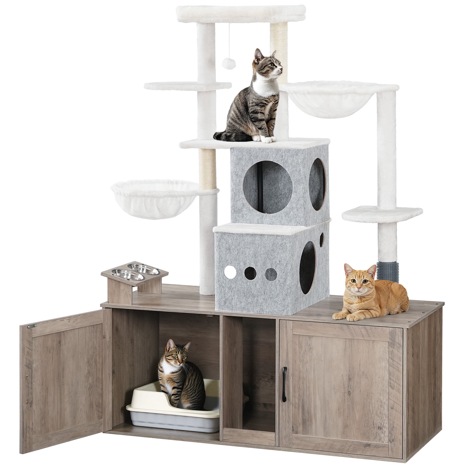 HOOBRO Cat Tree with Dual Litter Box Enclosure, Feeding Bowls, Scratching Posts & Hammocks, Greige