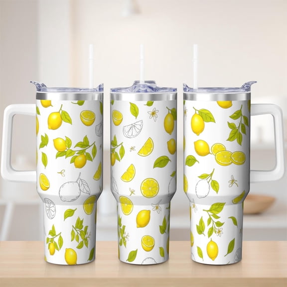 Lemon tumbler 40 oz tumbler with handle and straw 304 stainless steel travel cup coffee mug water bottle suitable as a gifts for women mom gifts gift for lemon lovers