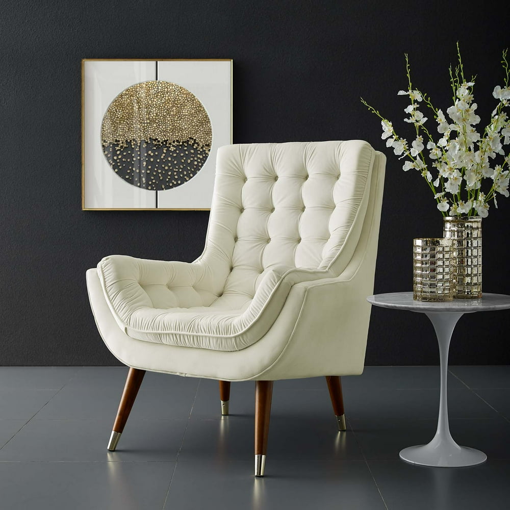 Suggest Button Tufted Upholstered Velvet Lounge Chair in Ivory